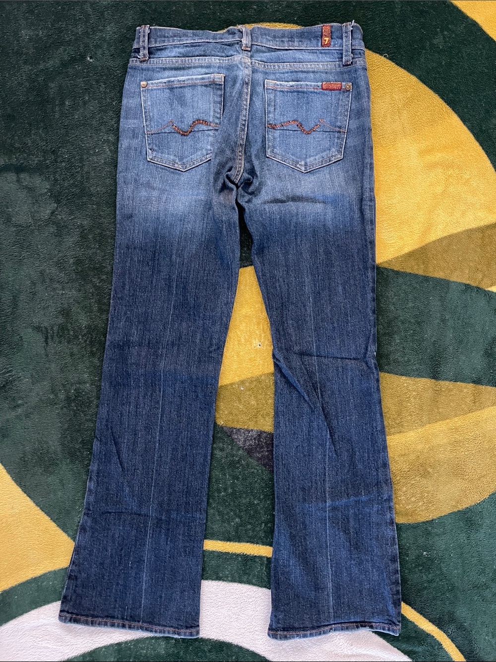 7 For All Mankind Dark Blue Flare Jeans, cute blinged out pockets